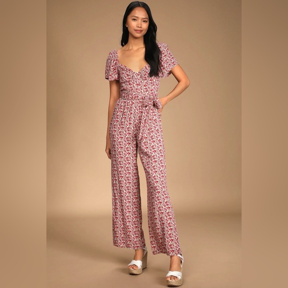Lulus Pants - Lulus Awesome Blossoms Pink Floral Print Flutter Sleeve Jumpsuit